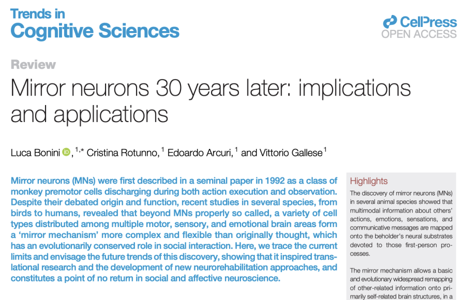 Un bilancio su 30 anni di neuroni specchio: su TICS!
